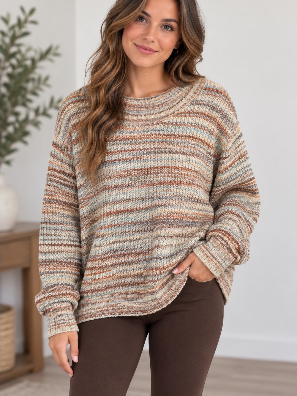 American Eagle Outfitters Neutral Multi-Striped Crewneck Sweater